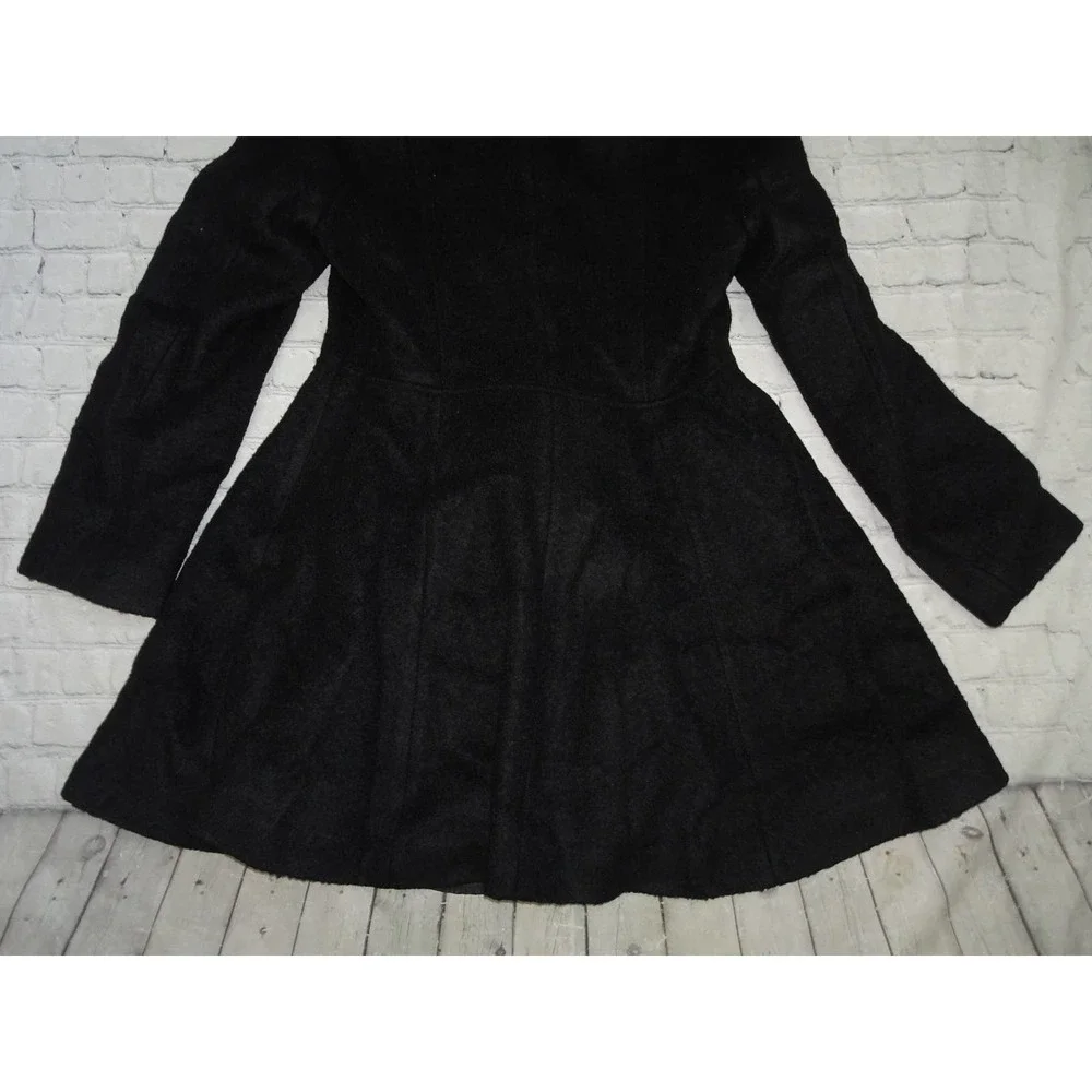 Liz Claiborne Sz M Women's Black Boucle Faux Fur Hooded Wool Blend Swing Coat - Picture 8 of 9